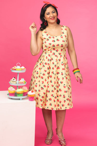 Amanda Strawberry Yellow Gingham Summer Dress