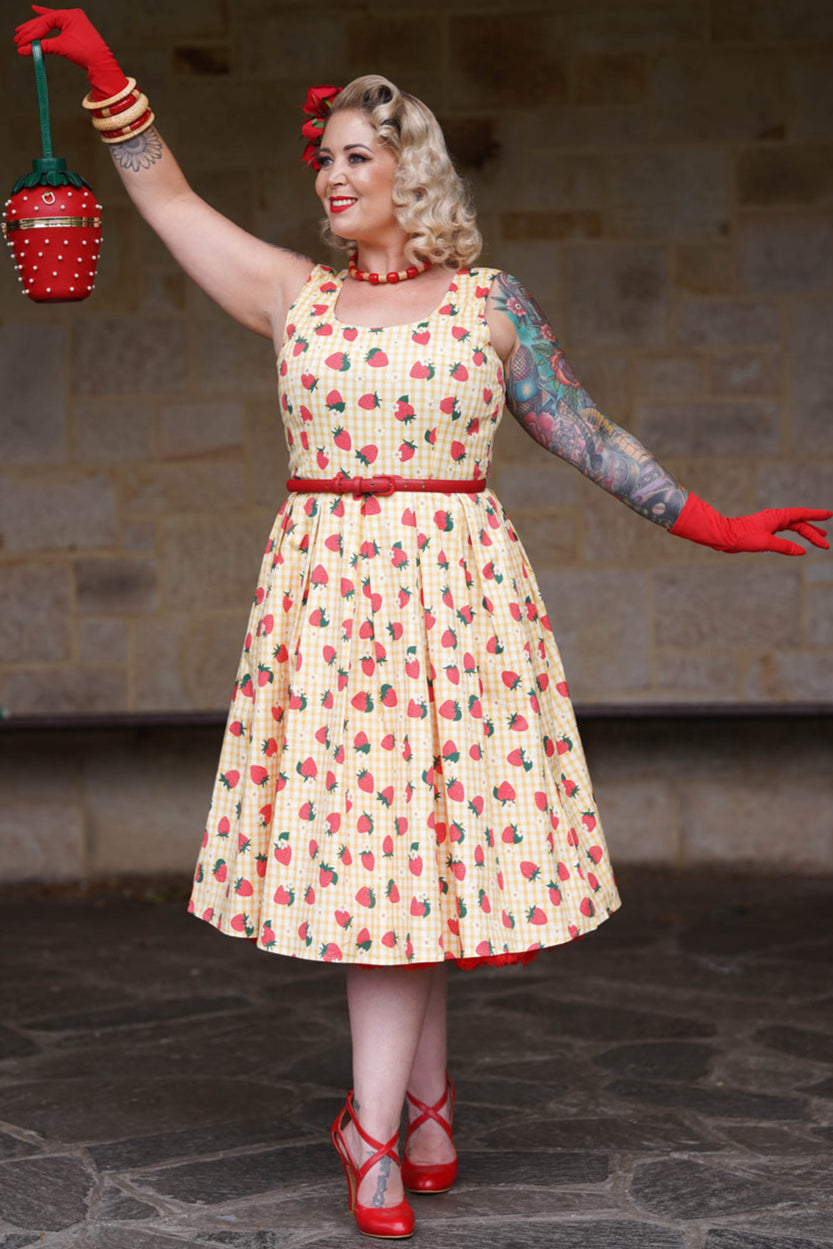 Amanda Strawberry Yellow Gingham Summer Dress