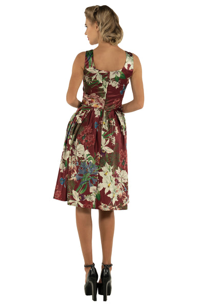 EU STOCK Amanda Burgundy Scoop Neck Botanical Print Dress