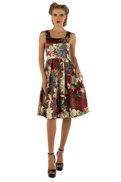 EU STOCK Amanda Burgundy Scoop Neck Botanical Print Dress