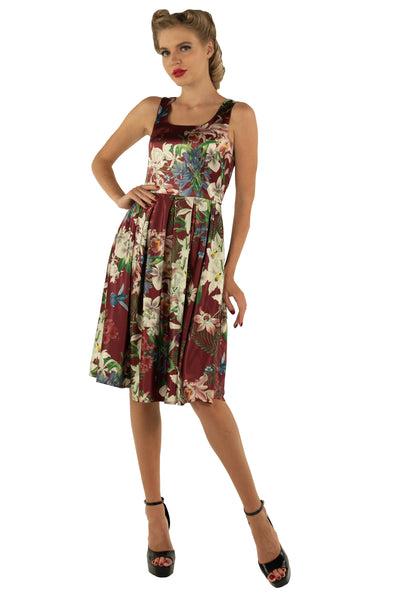 EU STOCK Amanda Burgundy Scoop Neck Botanical Print Dress