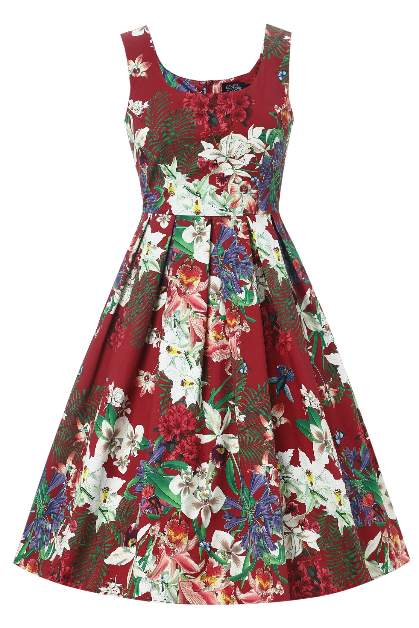 EU STOCK Amanda Burgundy Scoop Neck Botanical Print Dress