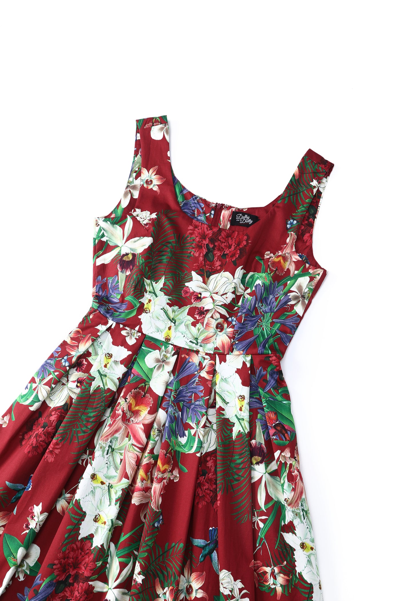 EU STOCK Amanda Burgundy Scoop Neck Botanical Print Dress