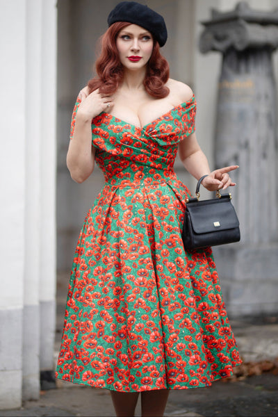 Beverly Green Cross-Over-Off-Shoulder Red Poppy Print Midi Dress