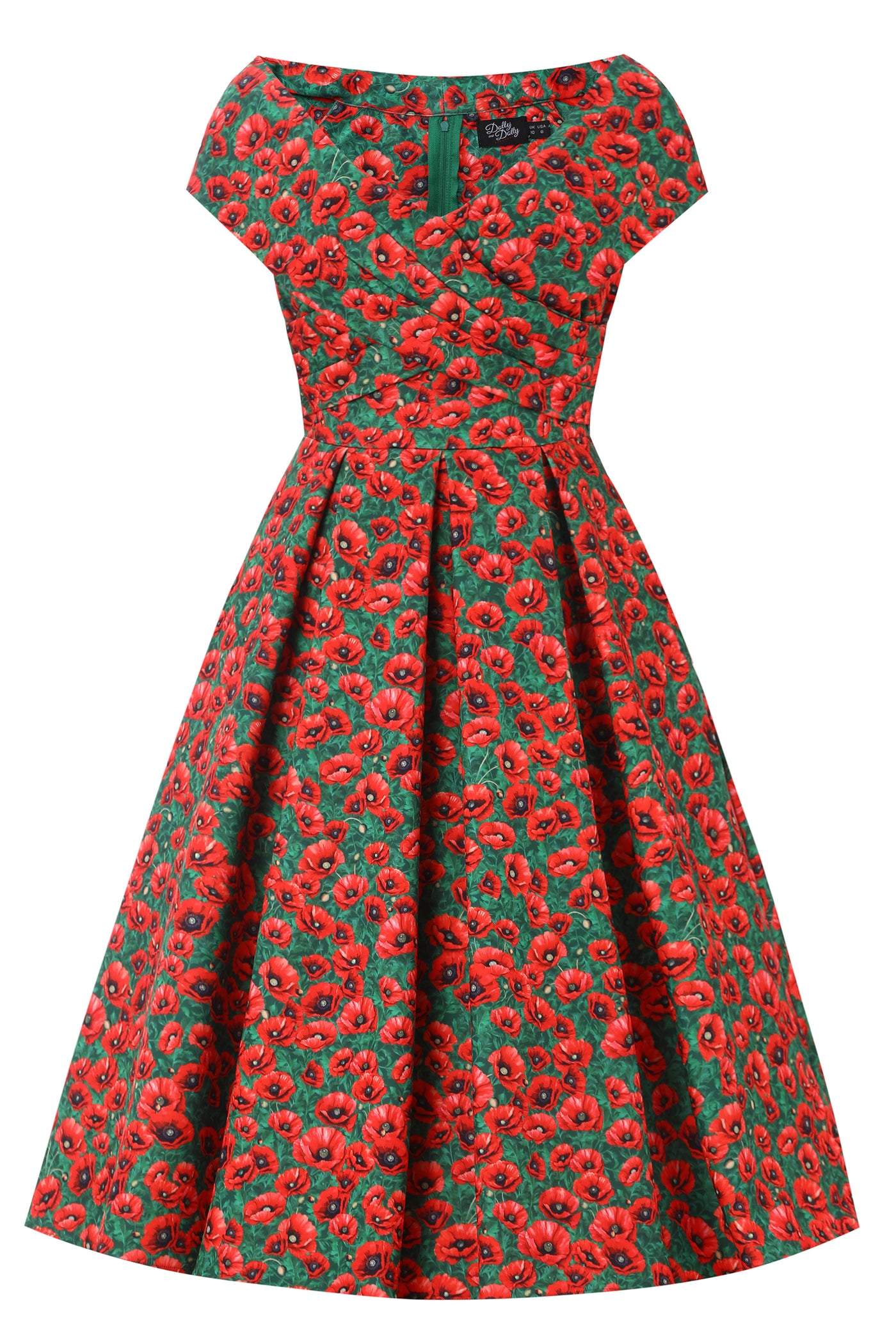 Beverly Green Cross-Over-Off-Shoulder Red Poppy Print Midi Dress