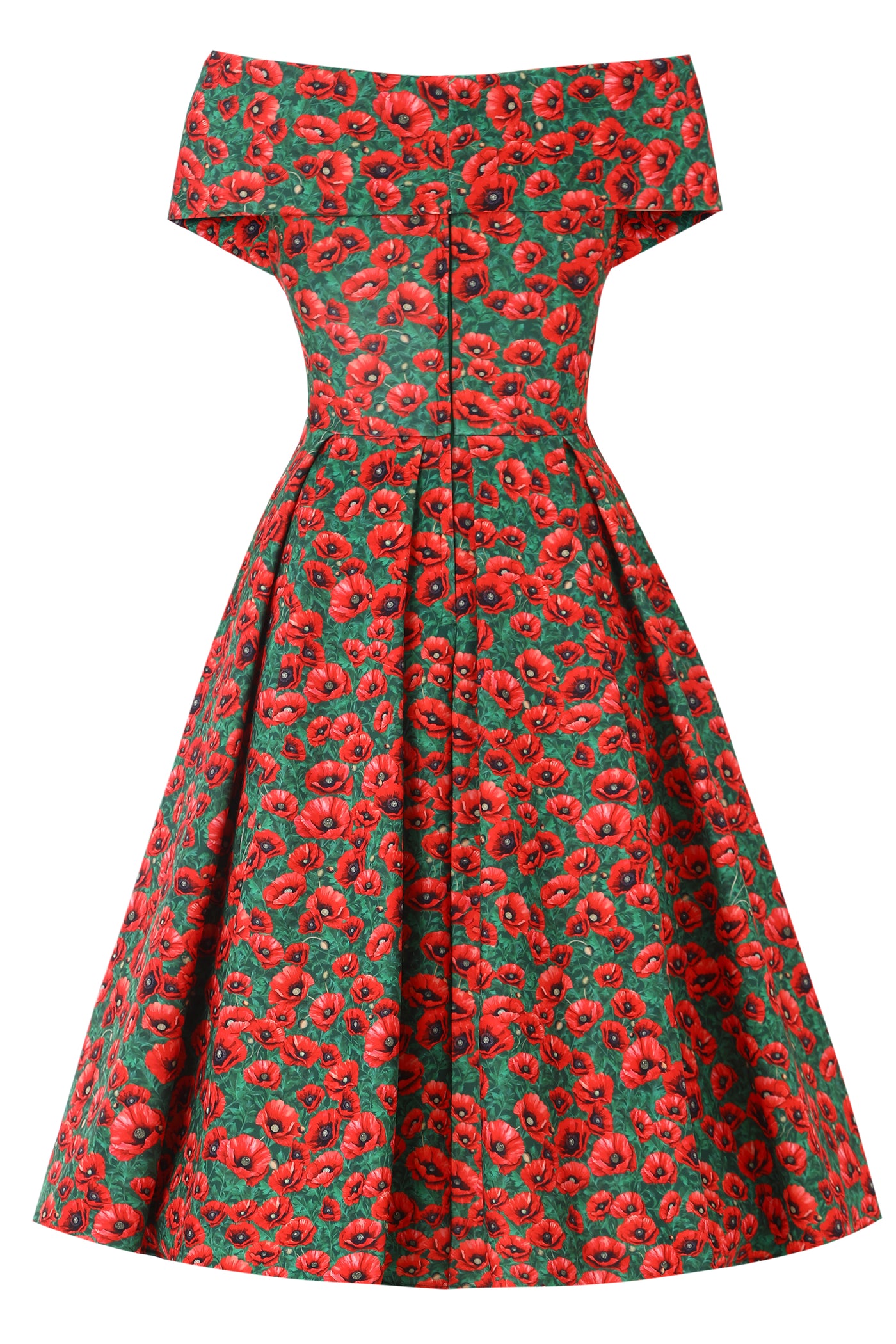 Beverly Green Cross-Over-Off-Shoulder Red Poppy Print Midi Dress