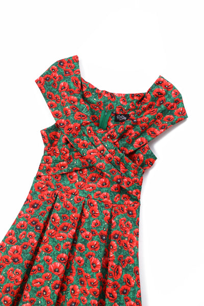 Beverly Green Cross-Over-Off-Shoulder Red Poppy Print Midi Dress