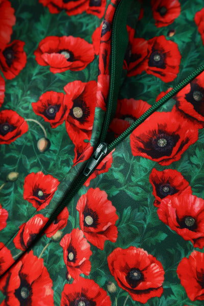 Beverly Green Cross-Over-Off-Shoulder Red Poppy Print Midi Dress