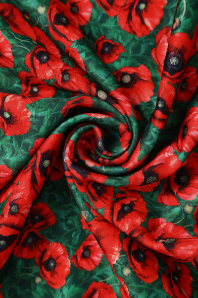 Beverly Green Cross-Over-Off-Shoulder Red Poppy Print Midi Dress