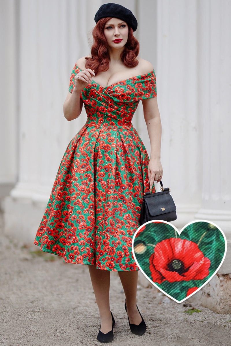 Beverly Green Cross-Over-Off-Shoulder Red Poppy Print Midi Dress