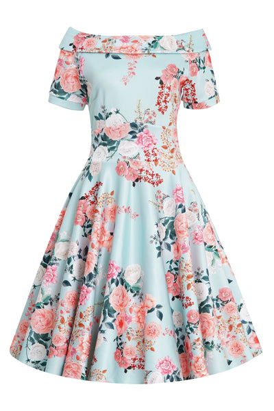 Woman's 50s Floral Off Shoulder Dress In Mint