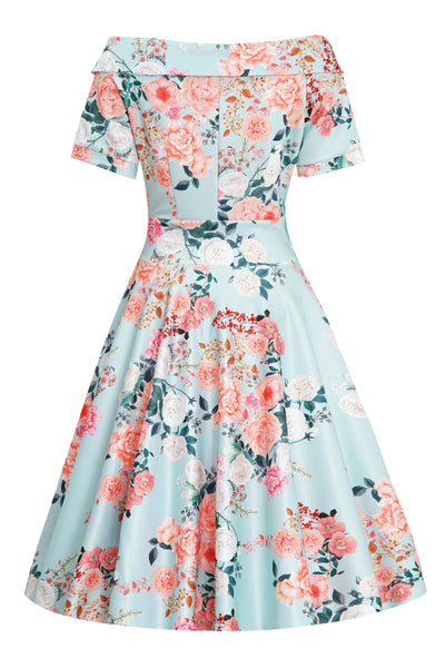 Woman's 50s Floral Off Shoulder Dress In Mint