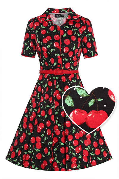 Front view of Cherry Shirt Dress in Black