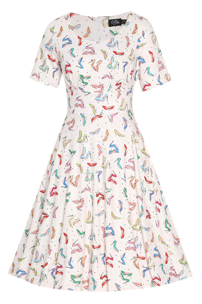 Front View of Colourful Stiletto Short Sleeved Dress in white