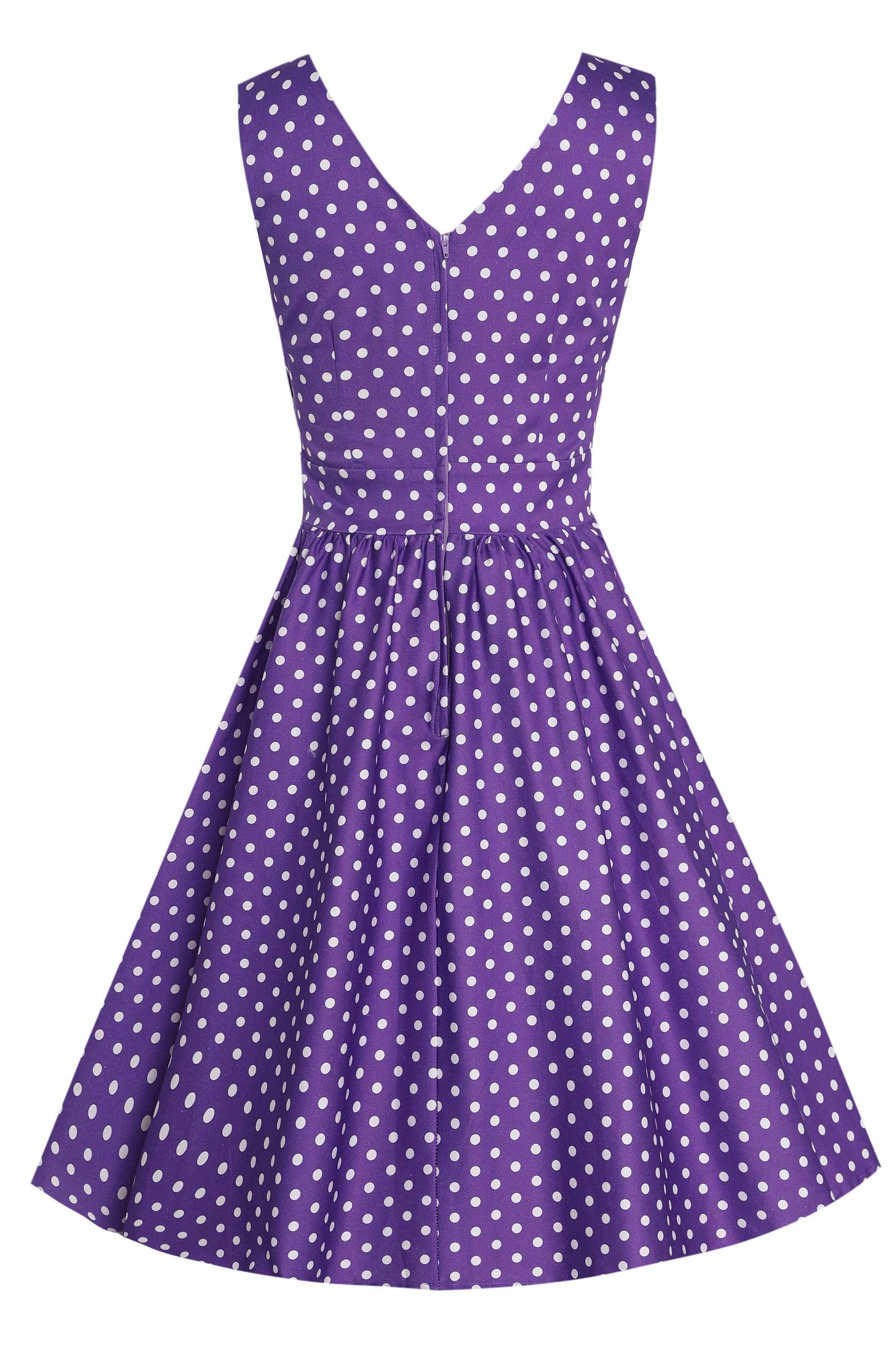 Back view of Crossover Bust Purple White Polka Dot Dress