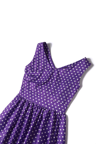 Close up view of Crossover Bust Purple White Polka Dot Dress