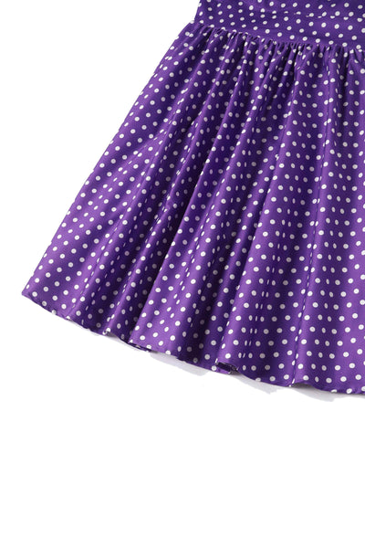 PRE-ORDER May V-neck 50's Style Swing Dress in Purple & White Polka Dot