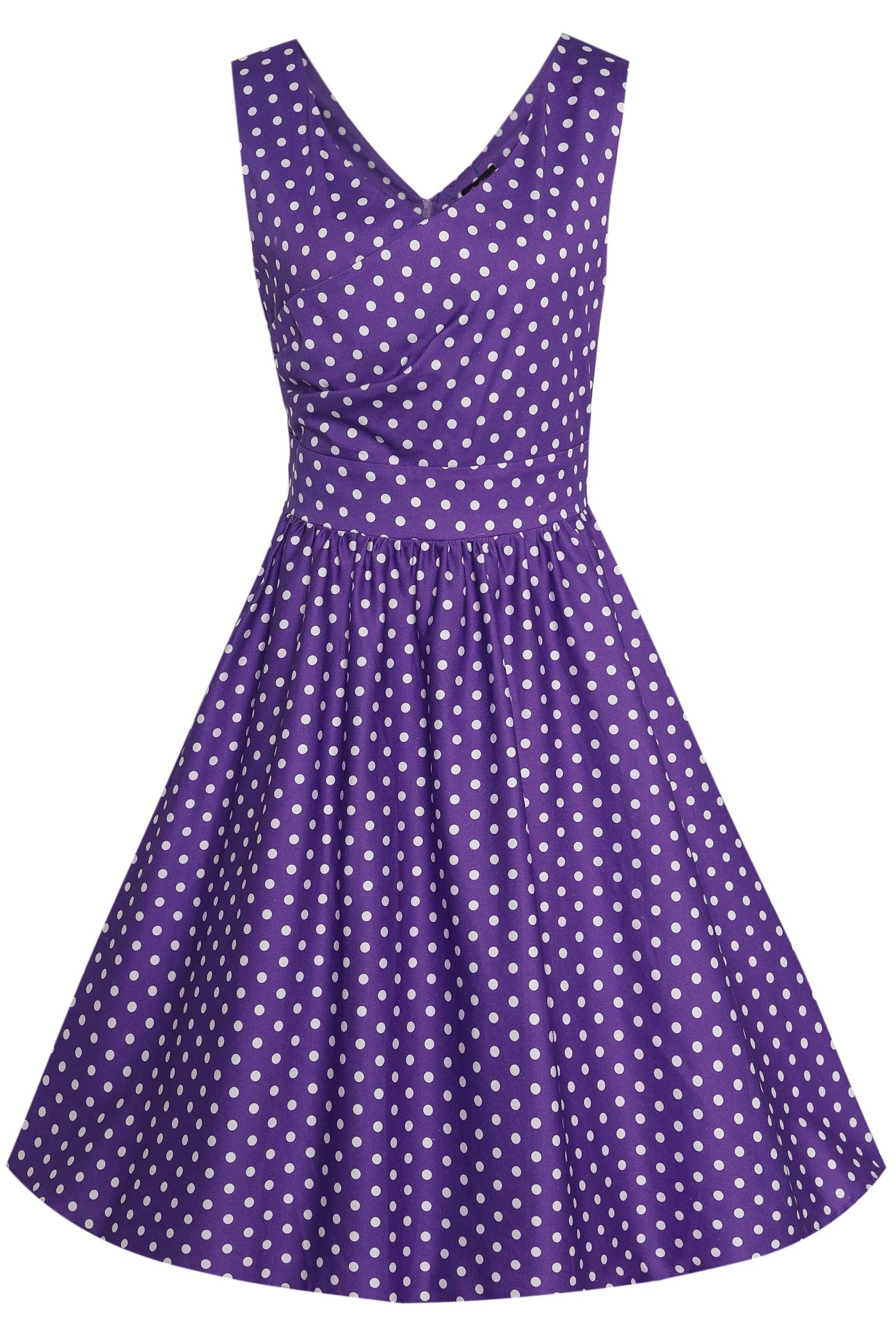 Front view of Crossover Bust Purple White Polka Dot Dress