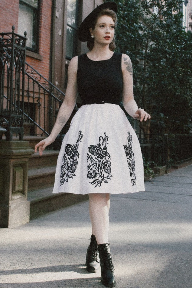 Embroidered Roses Swing Dress in BlackWhite