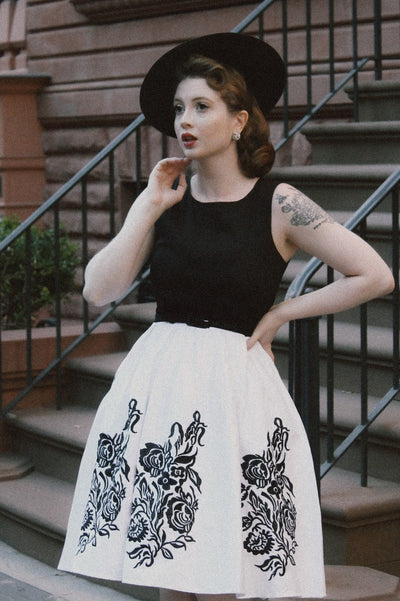 Embroidered Roses Swing Dress in Black-White