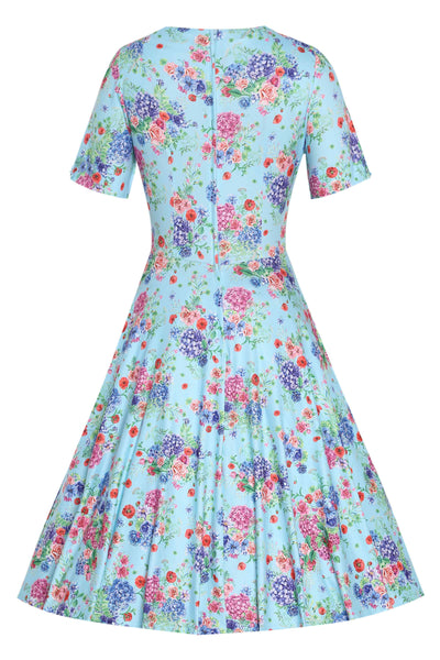 Back View of Hydrangea Print Dress in Light Blue