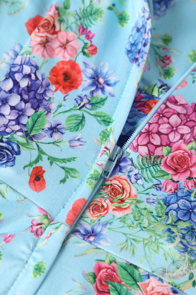 Close up View of Hydrangea Print Dress in Light Blue