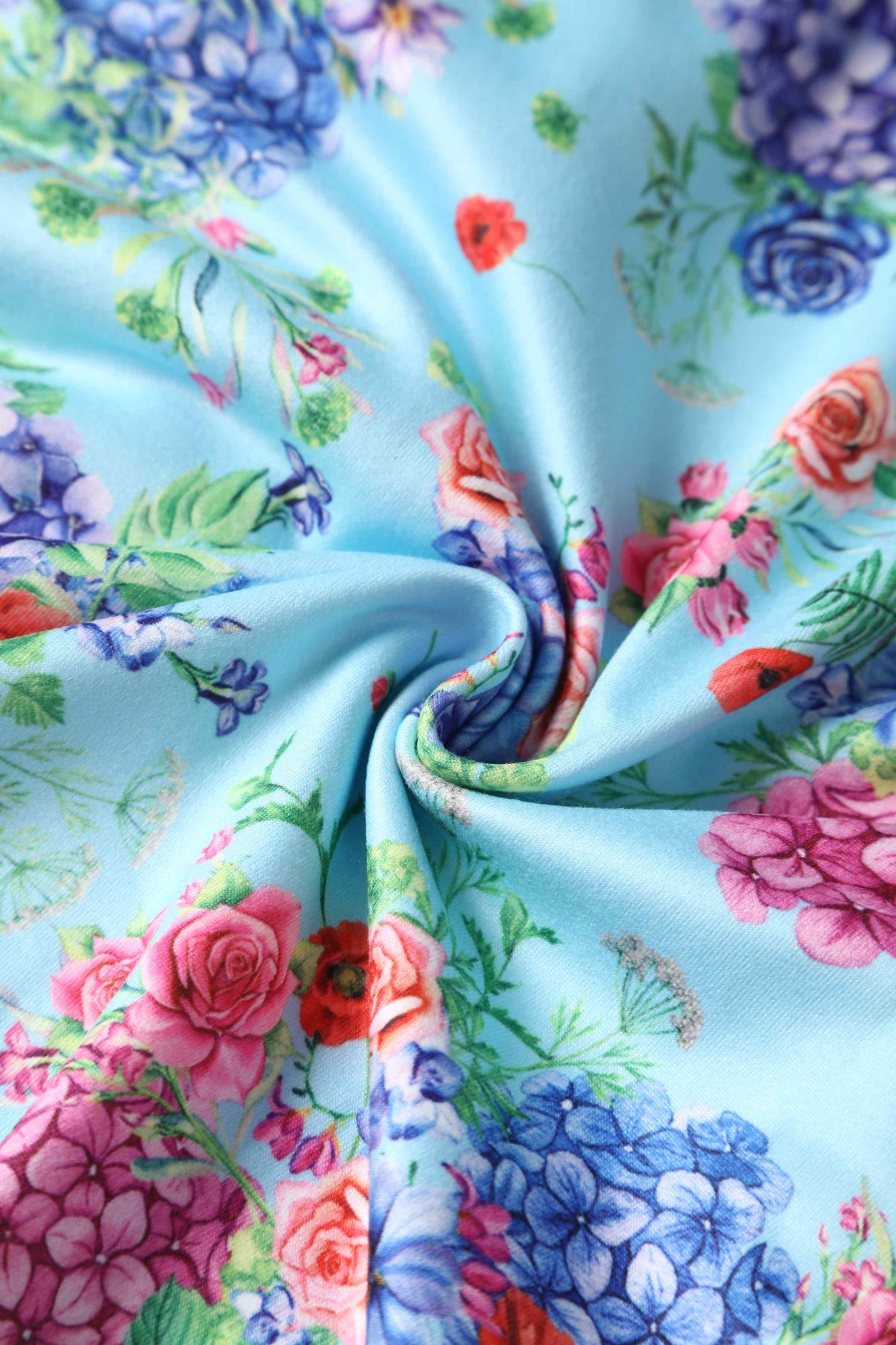 Close up View of Hydrangea Print Dress in Light Blue