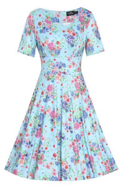 Front View of Hydrangea Print Dress in Light Blue