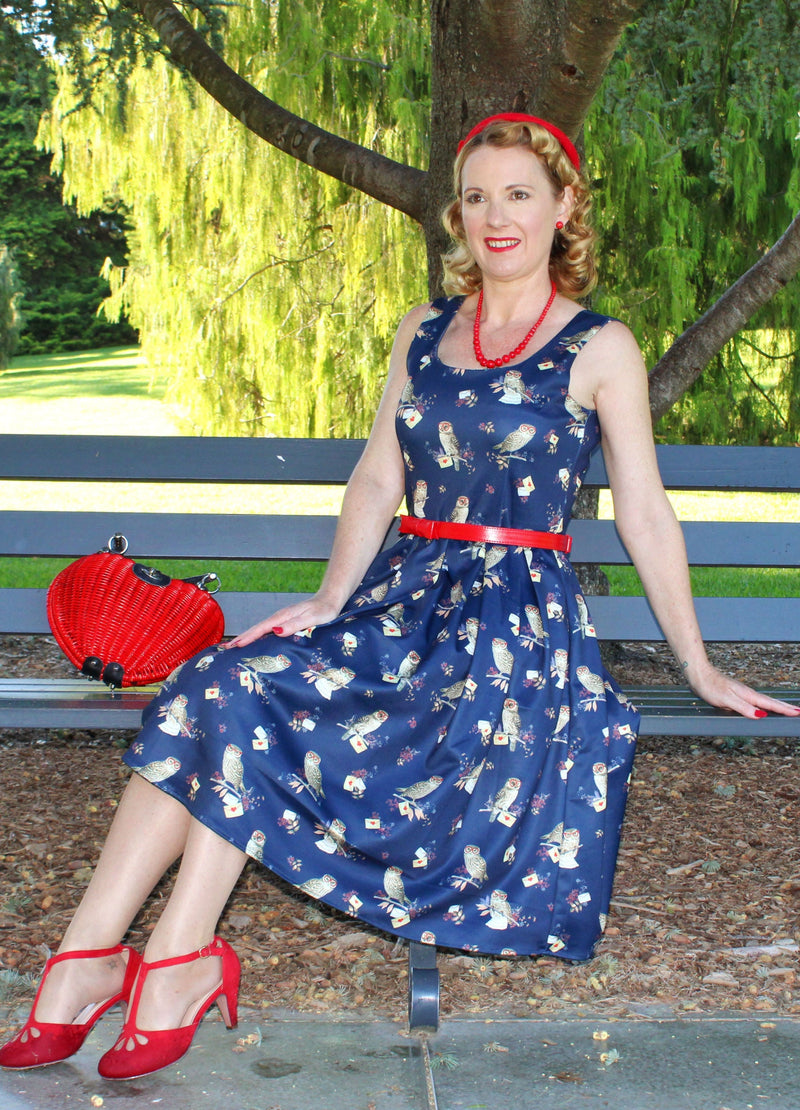 EU Stock-Amanda Owl & Letter Swing Dress in Dark Blue