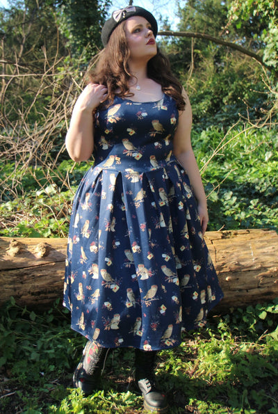 EU Stock-Amanda Owl & Letter Swing Dress in Dark Blue