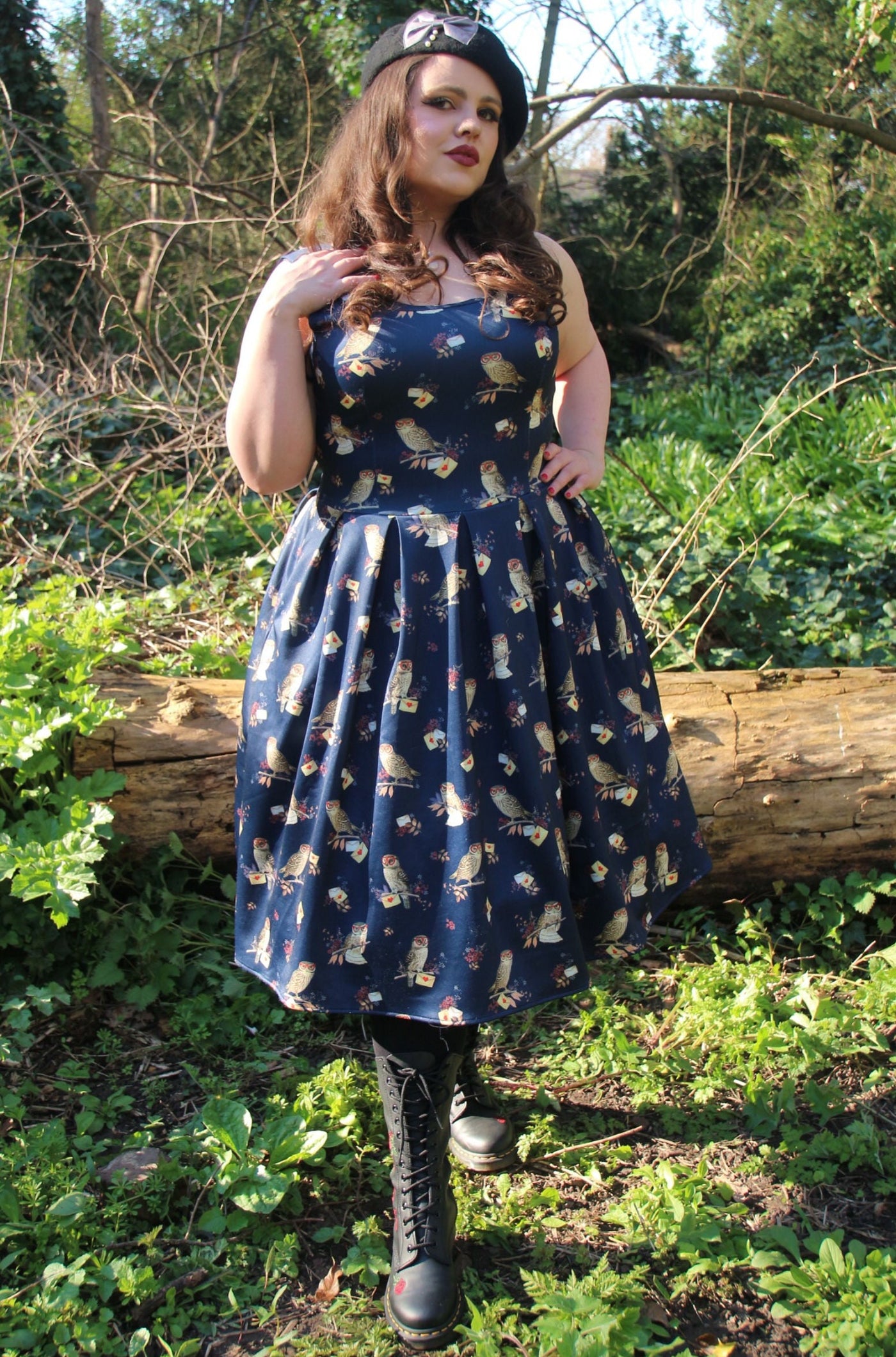 EU Stock-Amanda Owl & Letter Swing Dress in Dark Blue