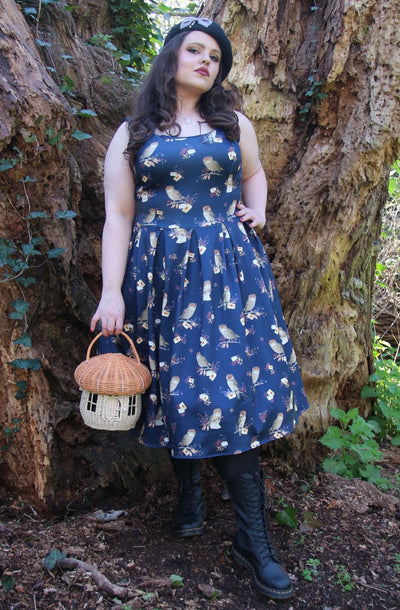 EU Stock-Amanda Owl & Letter Swing Dress in Dark Blue