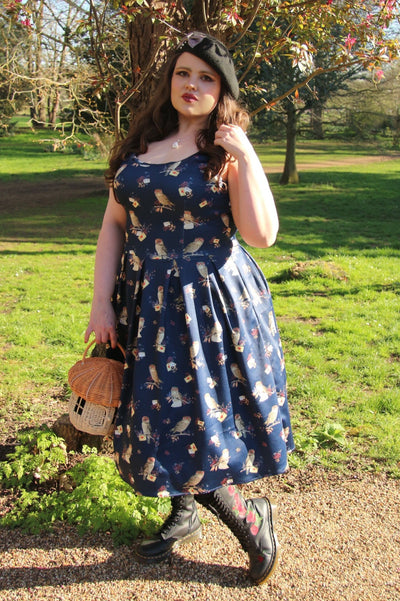 EU Stock-Amanda Owl & Letter Swing Dress in Dark Blue