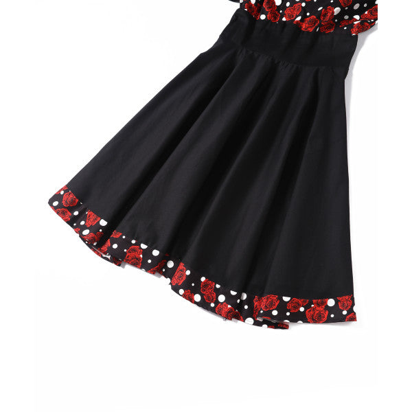 Darlene Retro Swing Dress in Black/Red Rose & Polka Dot Print