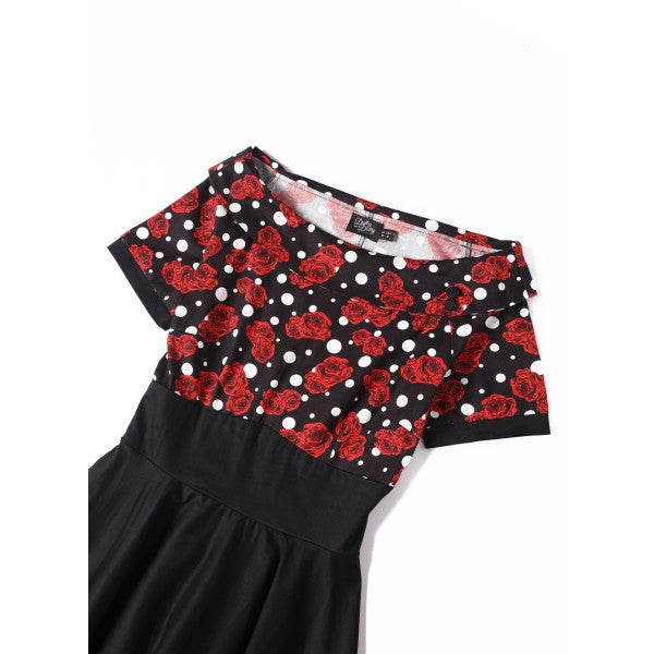 Darlene Retro Swing Dress in Black/Red Rose & Polka Dot Print