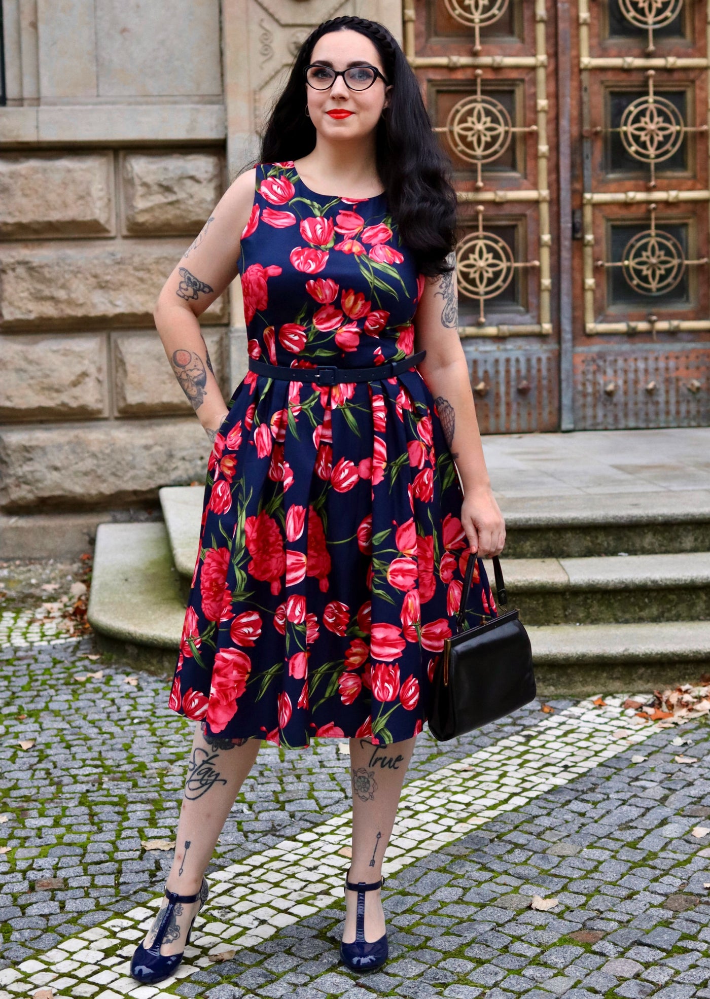 EU STOCK Annie Retro Floral Swing Dress in Navy Tulip