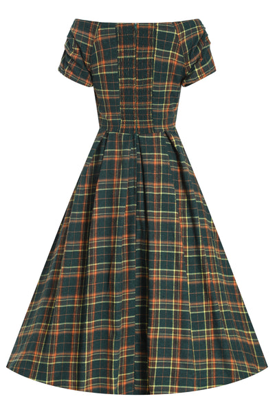 Back view of Off Shoulder Green Tartan Check Circle Dress