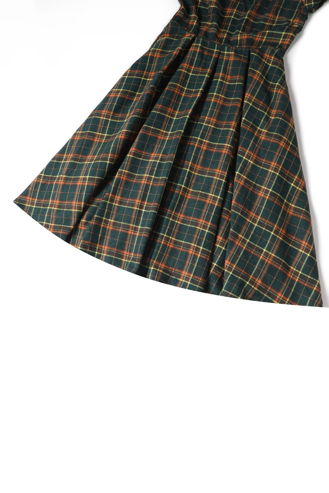 Close up view of Off Shoulder Green Tartan Check Circle Dress