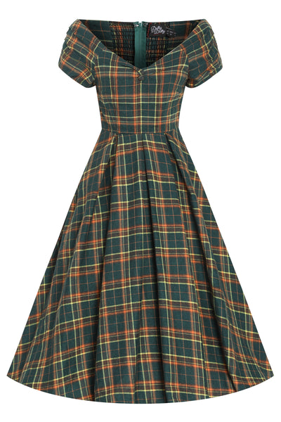 Front view of Off Shoulder Green Tartan Check Circle Dress