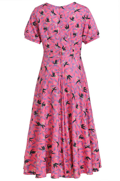 PRE ORDER Julia Pink & Black Retro Swallow Print Dress