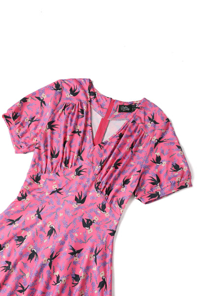 PRE ORDER Julia Pink & Black Retro Swallow Print Dress