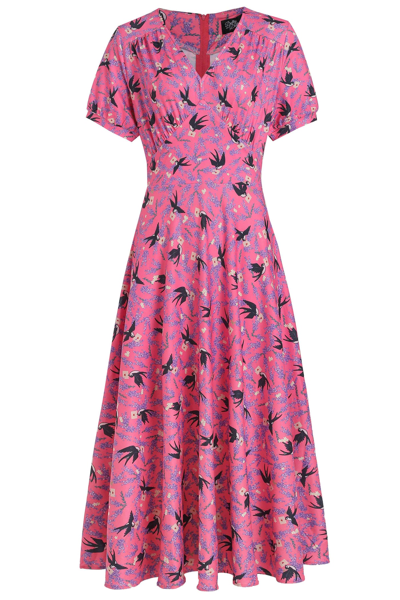 PRE ORDER Julia Pink & Black Retro Swallow Print Dress