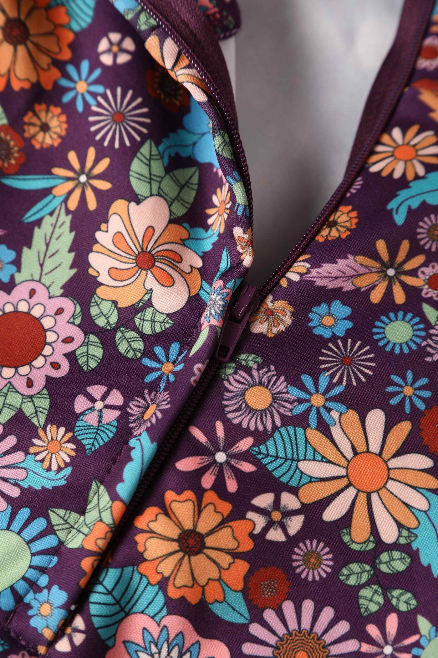 Close up view of Retro 70s Floral Garden Dress