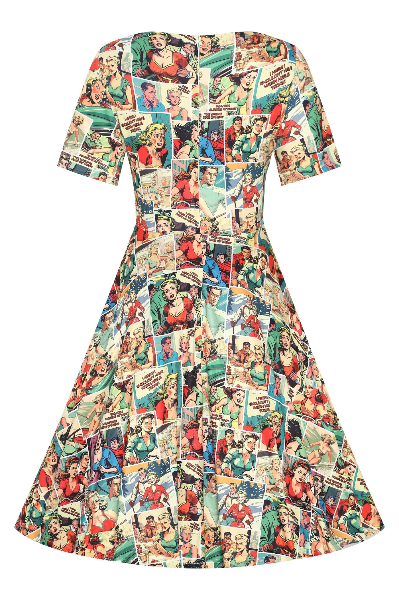 Back View of Retro Comic Book Print Dress in Yellow