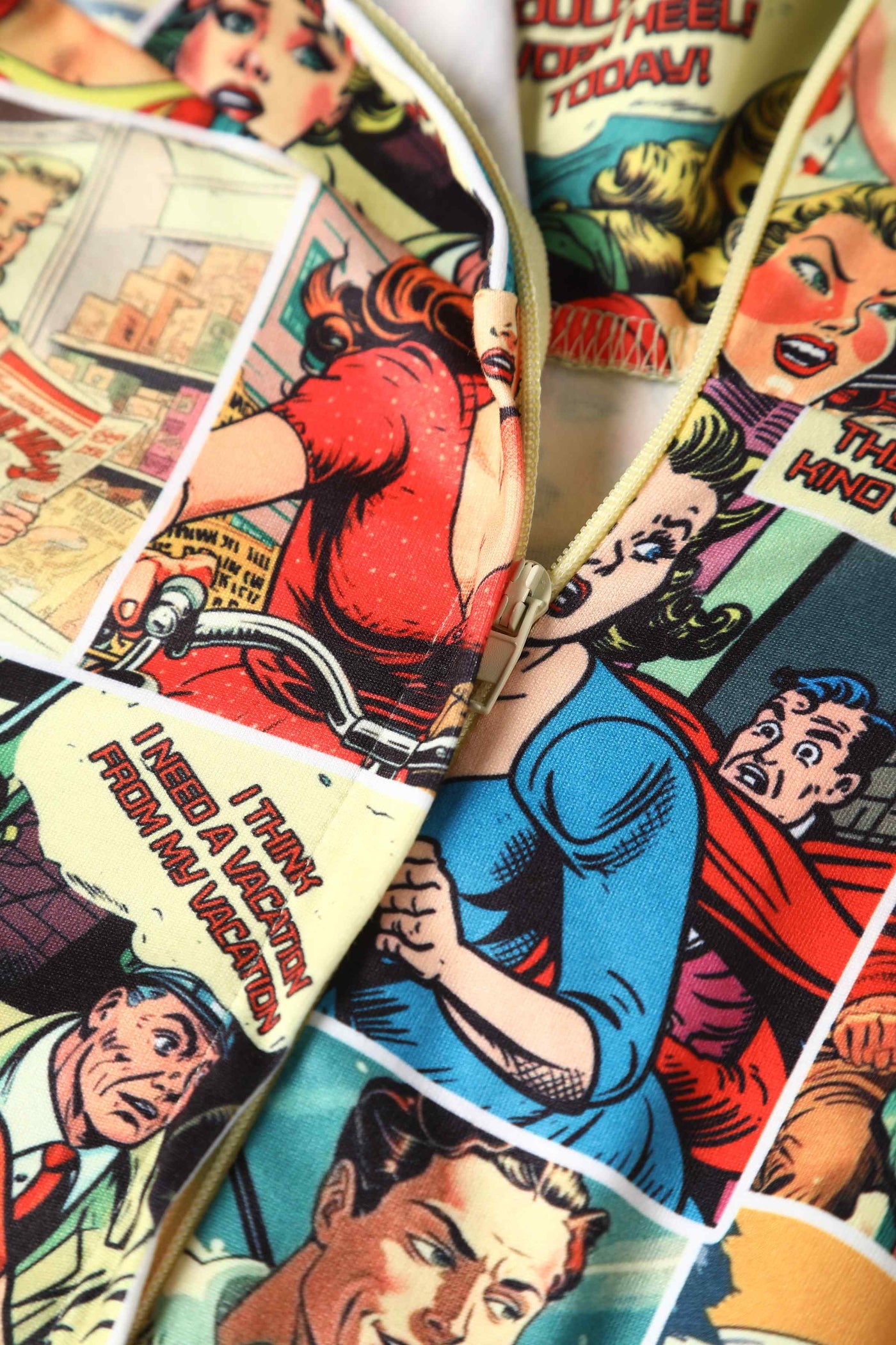 Close up View of Retro Comic Book Print Dress in Yellow