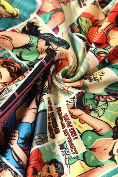 Close up View of Retro Comic Book Print Dress in Yellow