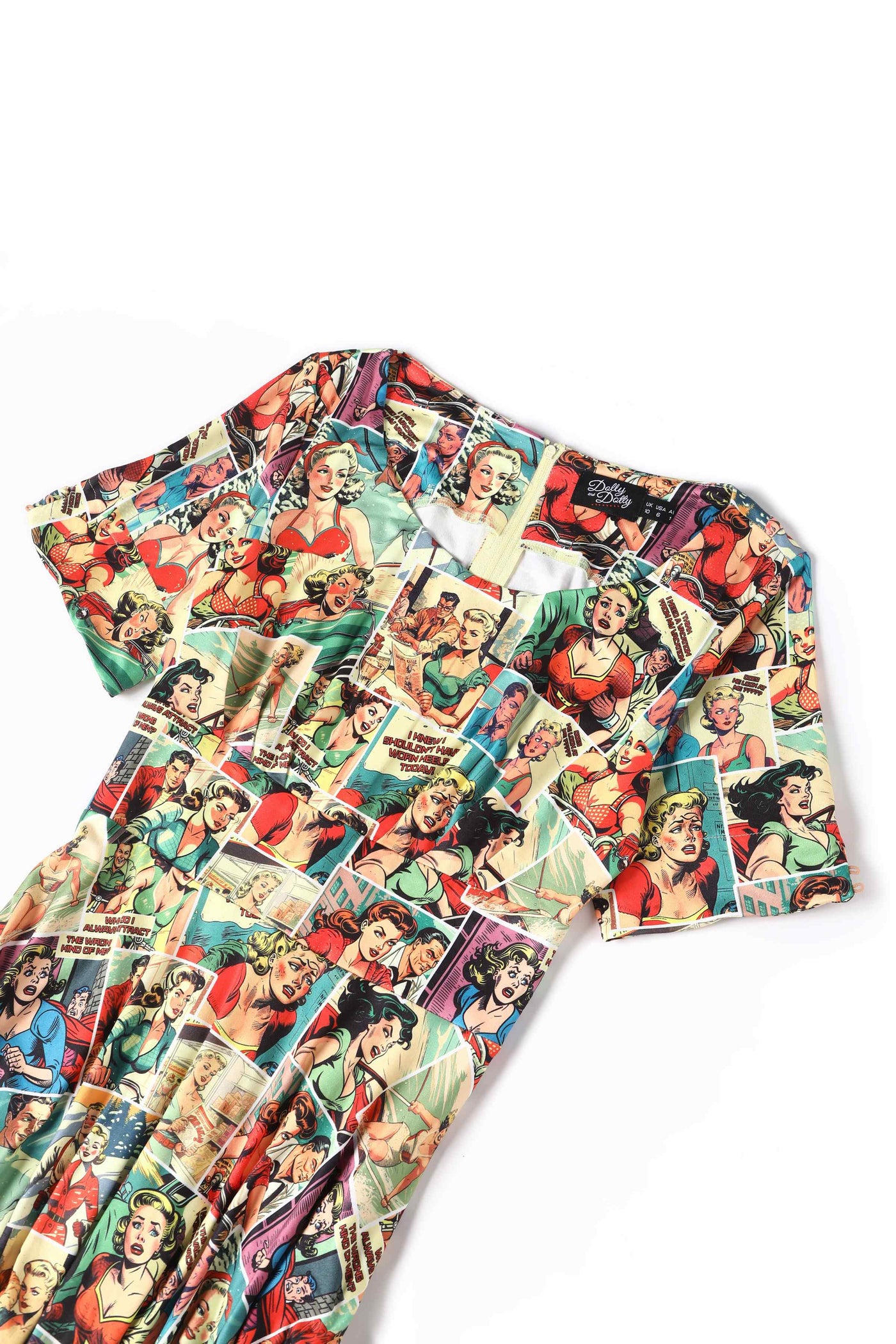 Close up View of Retro Comic Book Print Dress in Yellow