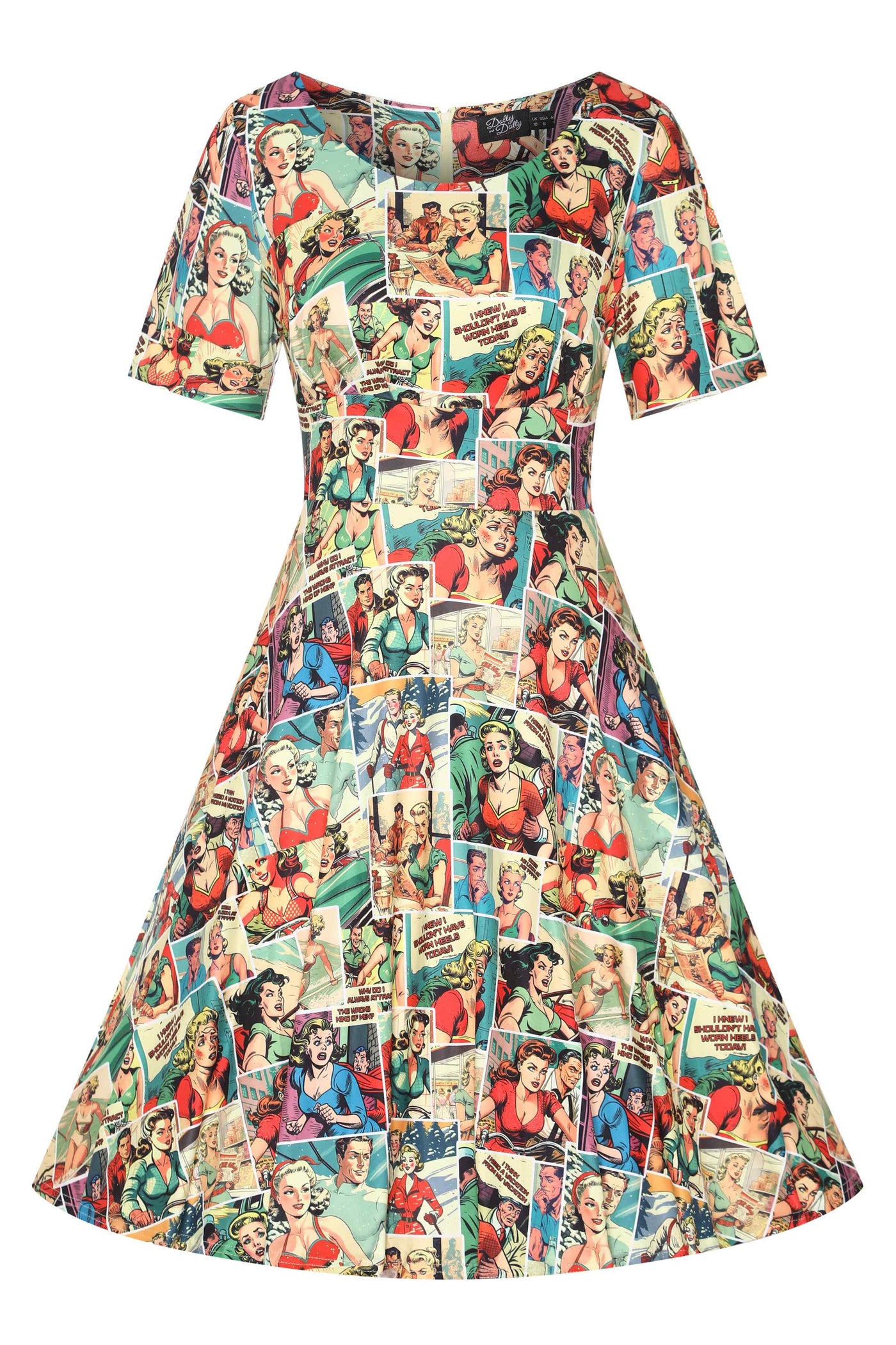 Front View of Retro Comic Book Print Dress in Yellow