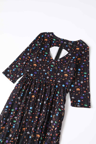 Close up view of Retro Game Print Dress In Black