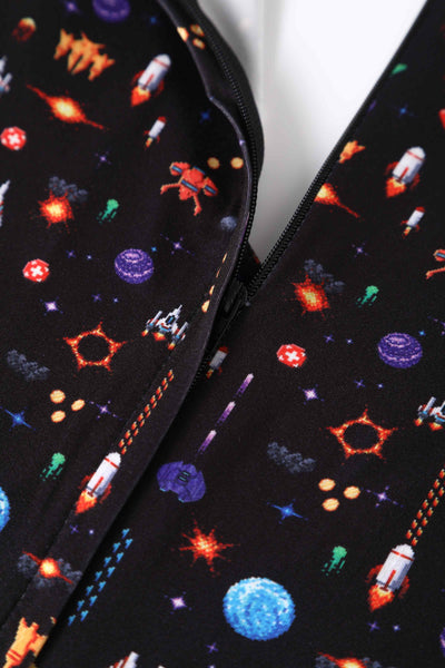 Close up view of Retro Game Print Dress In Black